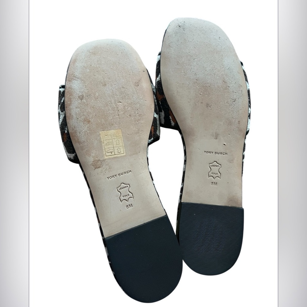 TORY BURCH ELEANOR Leather Leopard Print Gold Medallion Slide Sandals Size 8 - Picture 14 of 16